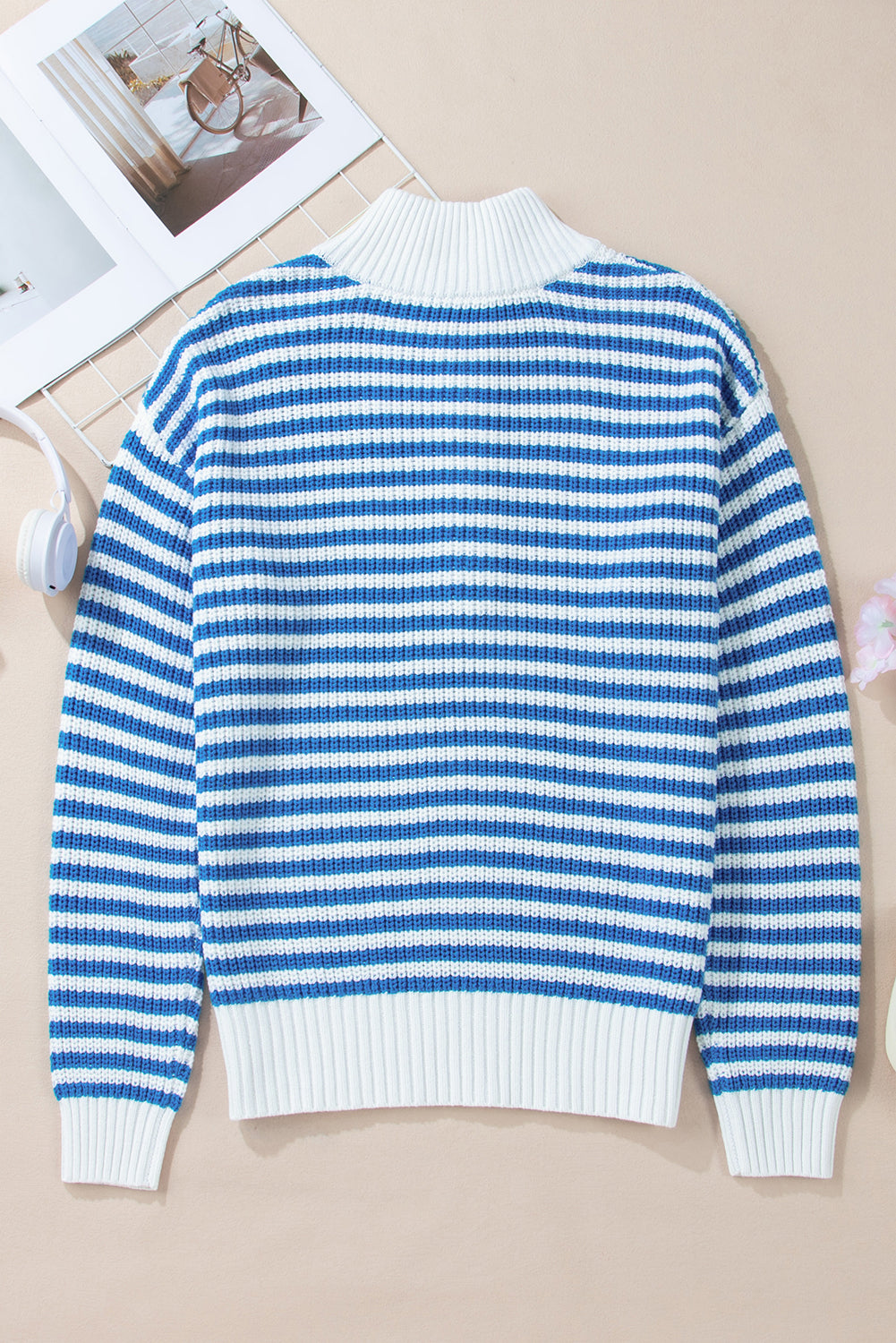 Sky Blue Stripe Zip up Collar Drop Shoulder Sweater Sweaters JT's Designer Fashion