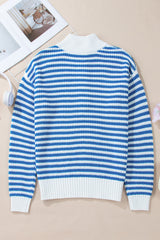 Sky Blue Stripe Zip up Collar Drop Shoulder Sweater Sweaters JT's Designer Fashion