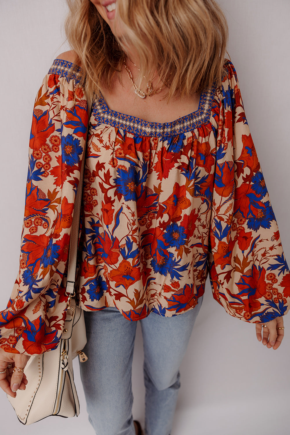 Multicolour Floral Print Square Neck Backless Loose Fit Blouse Blouses & Shirts JT's Designer Fashion