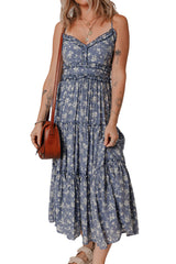 Blue Floral Spaghetti Strap Frilled V Neck Tiered Midi Dress Midi Dresses JT's Designer Fashion