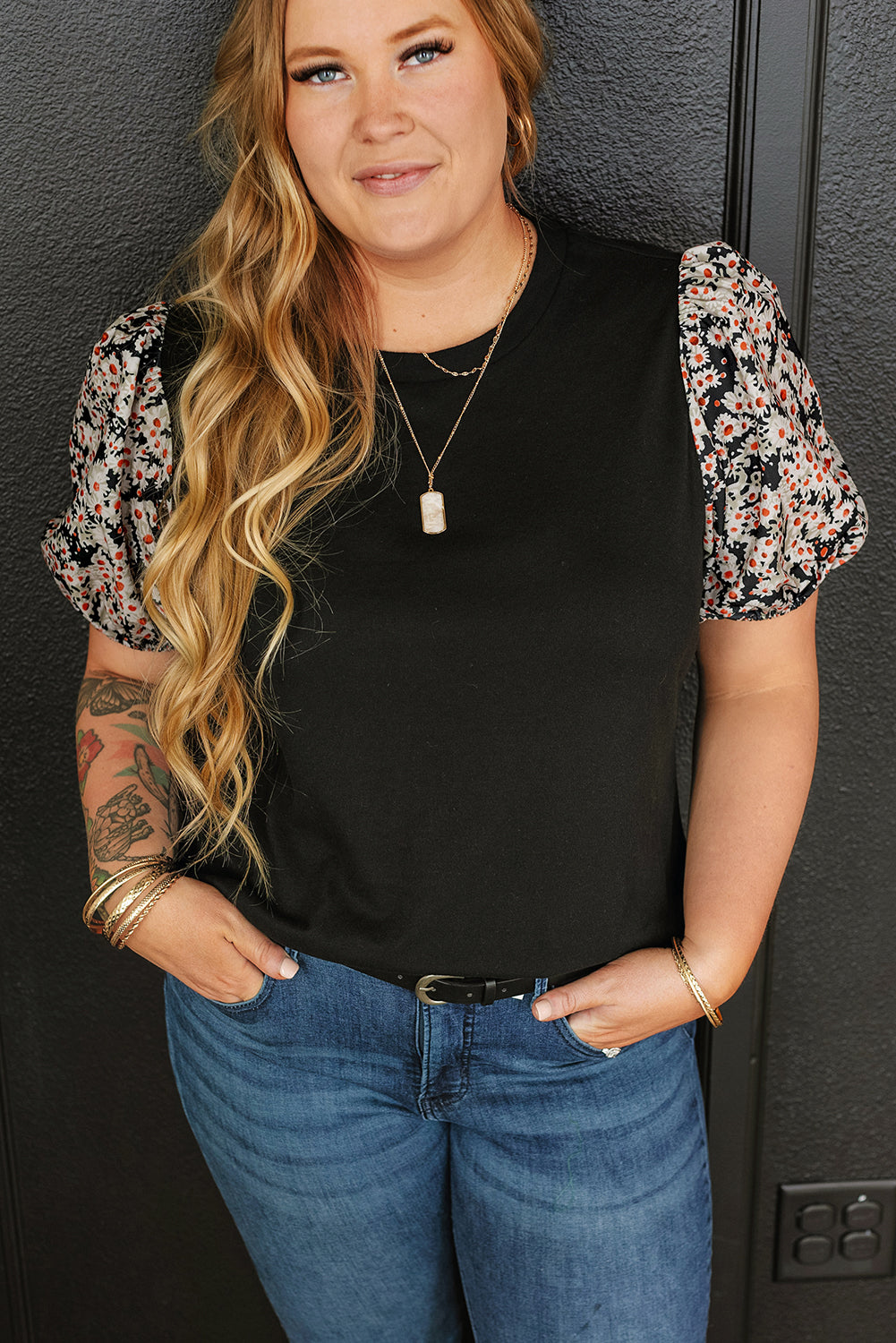 Black Daisy Printed Bubble Sleeve Plus Size Tunic Top Plus Size JT's Designer Fashion