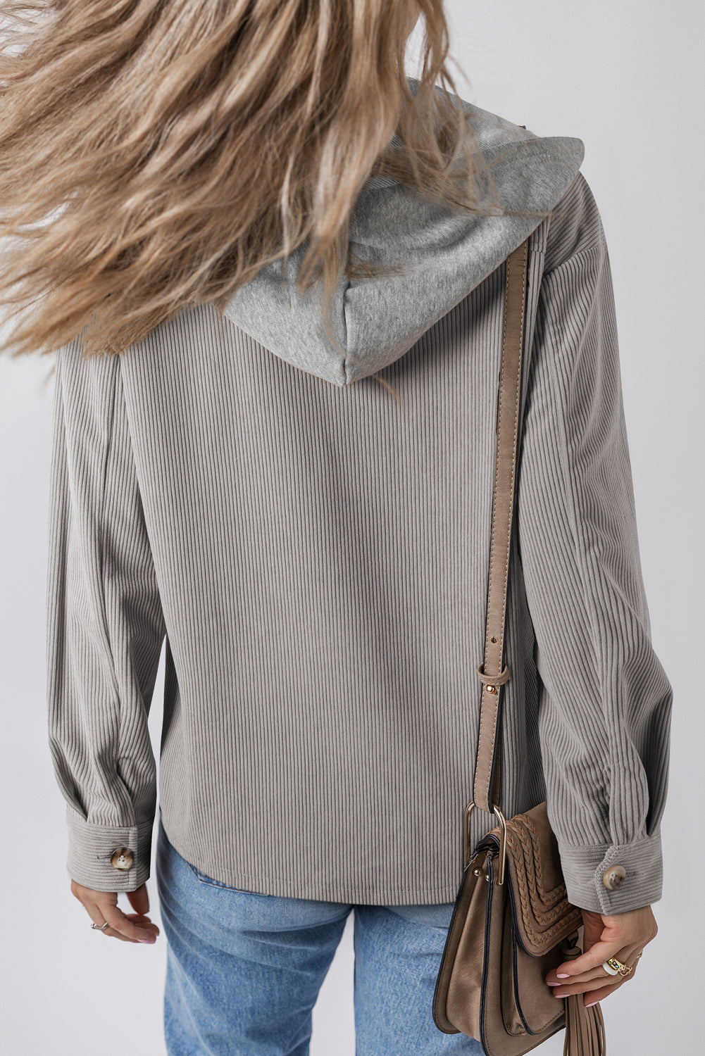Light Grey Hooded Drawstring Pockets Corduroy Shacket Jackets JT's Designer Fashion