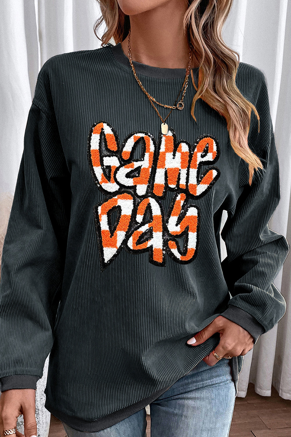 Dark Grey Chenille Checkered Game Day Graphic Drop Shoulder Corded Sweatshirt Graphic Sweatshirts JT's Designer Fashion