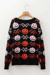 Black Halloween Pumpkin Bow Knit Button V Neck Sweater Cardigan Cardigans JT's Designer Fashion