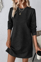 Black Solid Color Textured Long Sleeve Shift Dress Mini Dresses JT's Designer Fashion