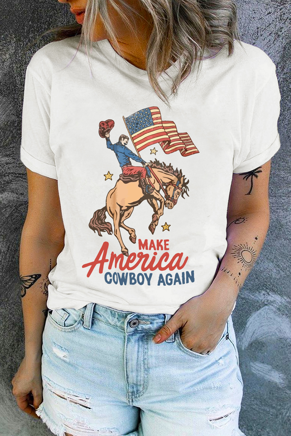 White MAKE AMERICA COWBOY AGAIN Graphic Crewneck Tee Graphic Tees JT's Designer Fashion