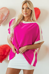 Rose Red Oversized Color Block Boat Neck Tunic Blouse Blouses & Shirts JT's Designer Fashion