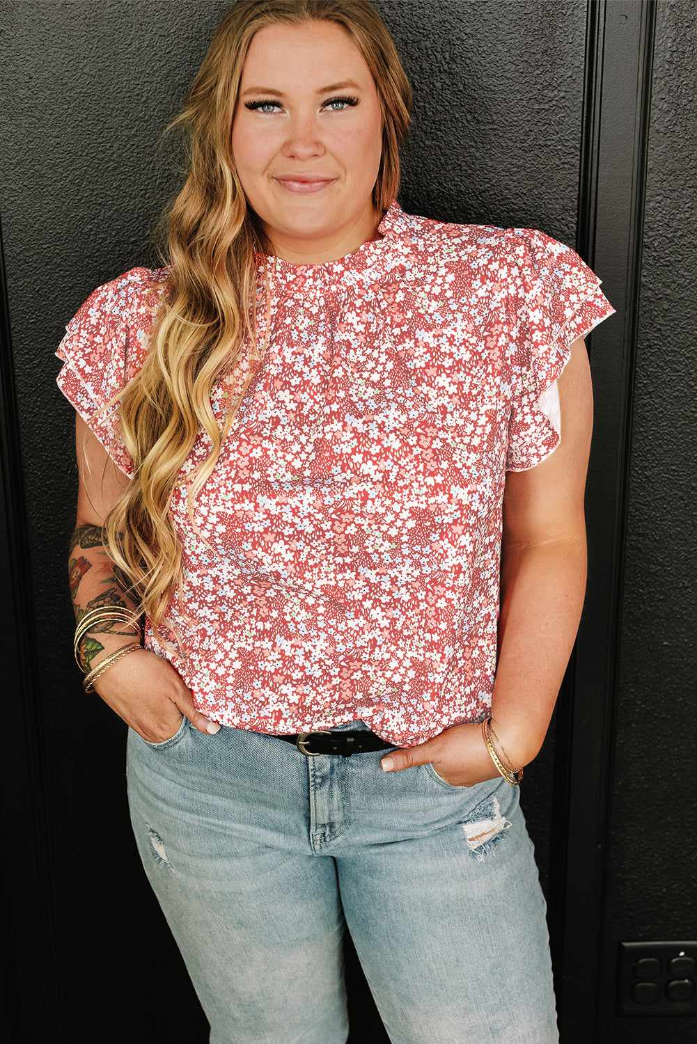 Pink Plus Size Floral Print Ruffled Sleeve Frilled Neck Blouse Plus Size Tops JT's Designer Fashion