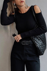 Black Ribbed Knit Cold Shoulder Sweater Sweaters JT's Designer Fashion