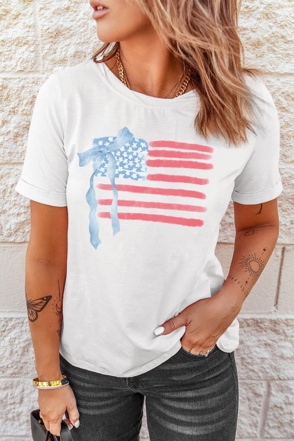 White American Flag Bow Knot Print Crew Neck T Shirt Graphic Tees JT's Designer Fashion