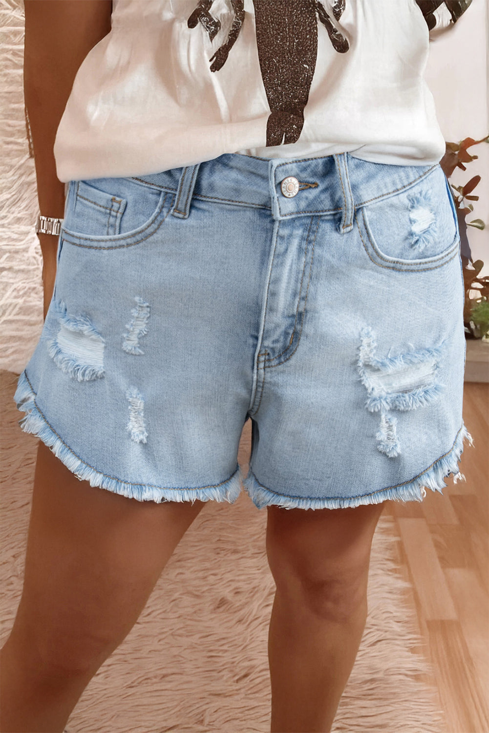 Beau Blue High Rise Distressed Raw Hem Denim Shorts Beau Blue 93%Cotton+5%polyester+2%Elastane Denim Shorts JT's Designer Fashion