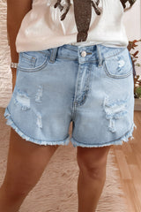 Beau Blue High Rise Distressed Raw Hem Denim Shorts Beau Blue 93%Cotton+5%polyester+2%Elastane Denim Shorts JT's Designer Fashion