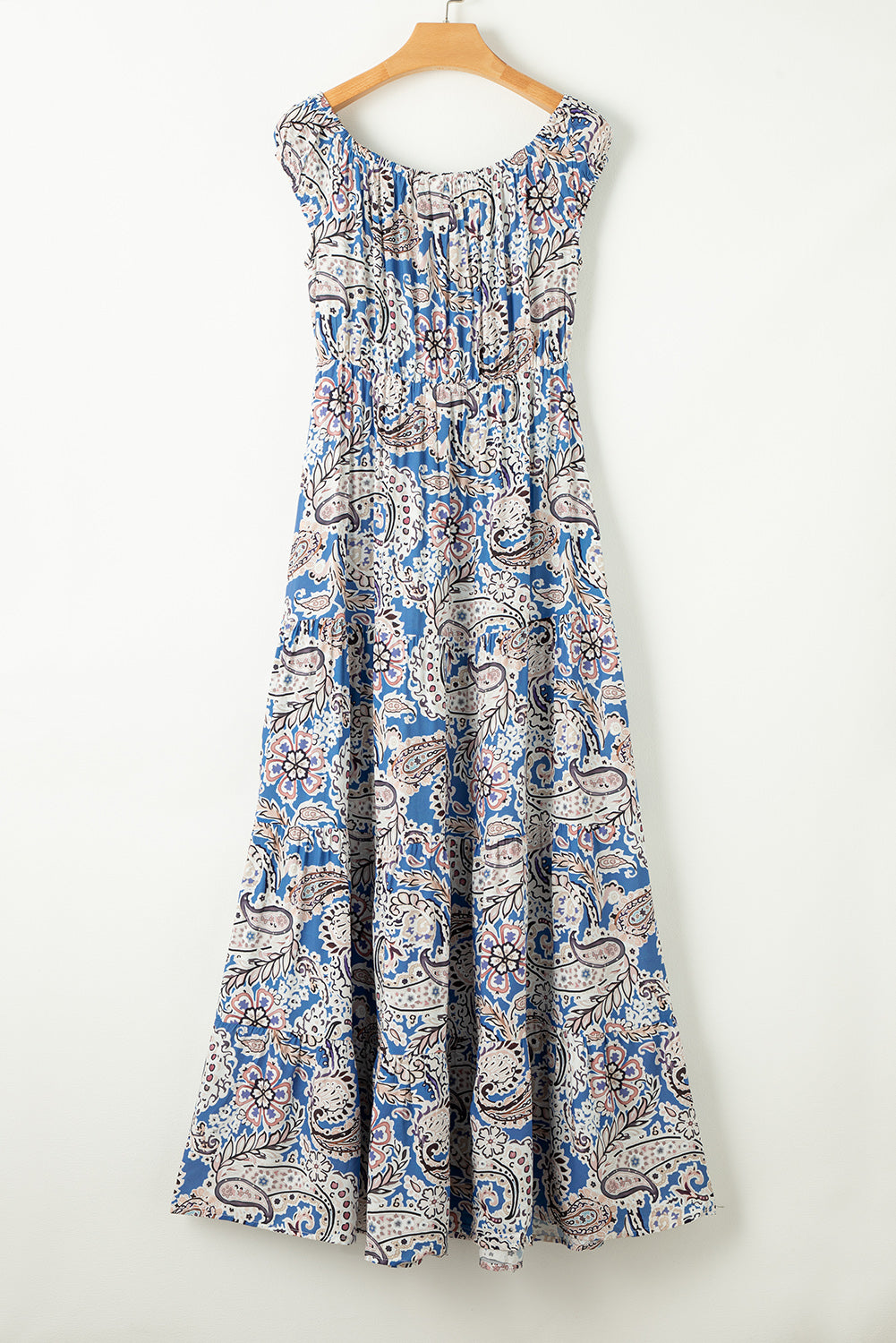 Blue Boho Paisley Print Off Shoulder Maxi Dress Floral Dresses JT's Designer Fashion