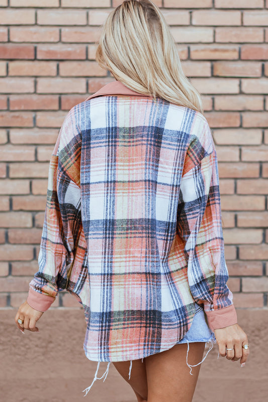 Light Pink Plaid Corduroy Patchwork Chest Pocket Shacket Plaid Shackets JT's Designer Fashion