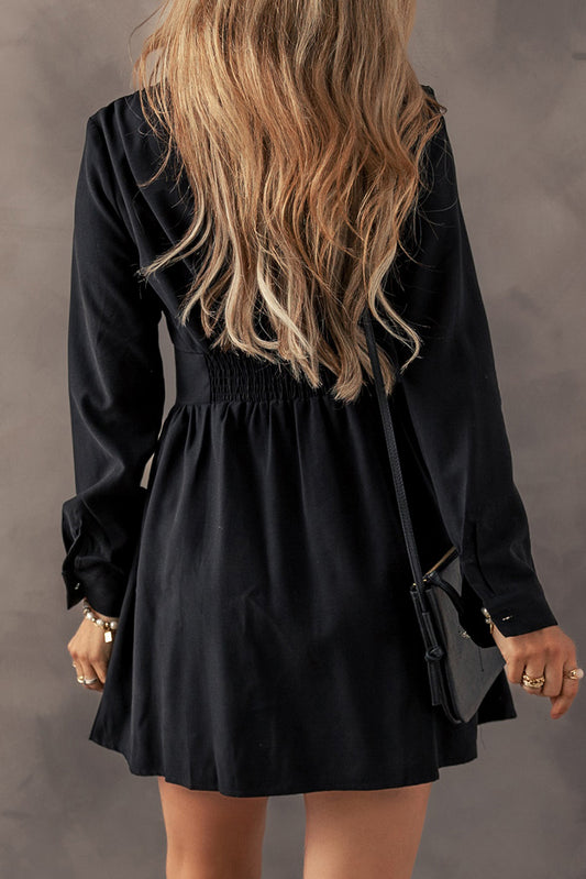 Black Elastic Cinched High Waist Long Sleeve Shirt Mini Dress Mini Dresses JT's Designer Fashion