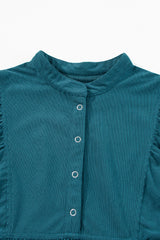 Blue Corduroy Snap Buttons Empire Waist Bracelet Sleeve Dress Mini Dresses JT's Designer Fashion
