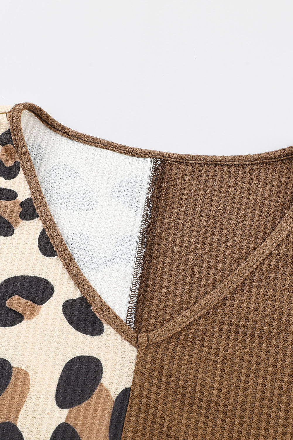 Brown Leopard Splicing Waffle Knit V Neck Top Long Sleeve Tops JT's Designer Fashion