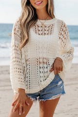 White Hollow Out Knit Bracelet Sleeve Drop Shoulder Sweater Sweaters JT's Designer Fashion