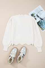 White Floral Embroidered Scallop Hem Cropped Sweater Sweaters JT's Designer Fashion