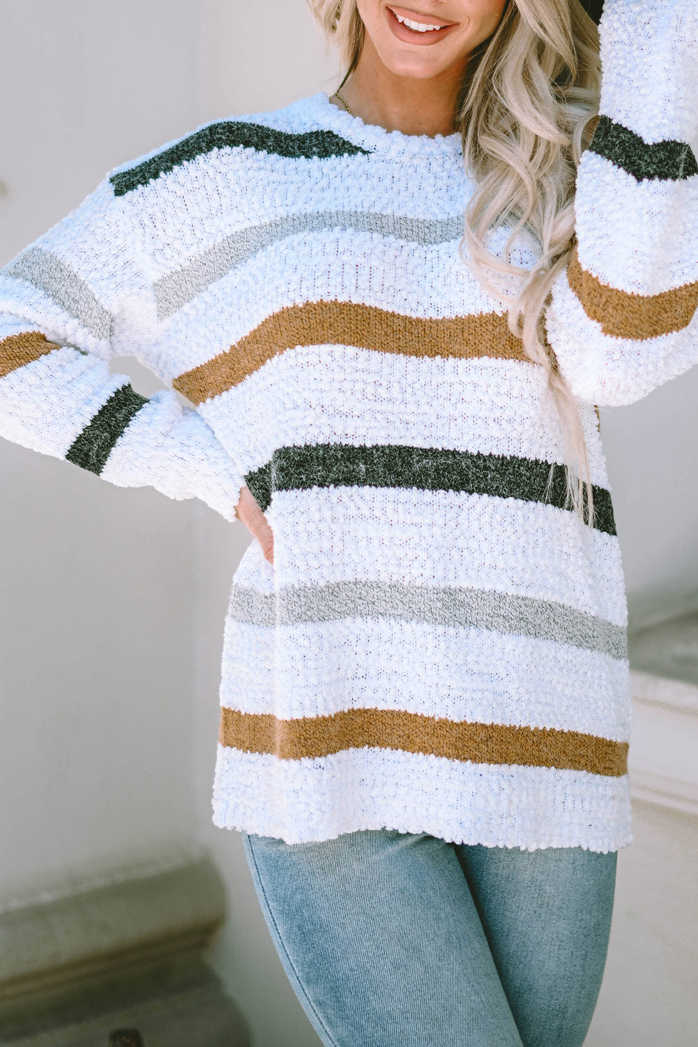 Striped Popcorn Knit Sweater Sweaters JT's Designer Fashion