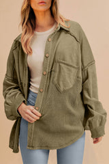 Moss Green Waffle Knit Patchwork Buttoned Oversized Shacket Jackets JT's Designer Fashion