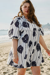 Black Plus Size Floral 3/4 Puff Sleeve Lace-up Neck Mini Dress Plus Size Mini Dresses JT's Designer Fashion
