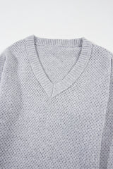 Light Grey Loose Eyelet V Neck Drop Shoulder Sweater Sweaters JT's Designer Fashion