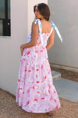 Pink Floral Print Knotted Shoulder Smocked Maxi Dress Floral Dresses JT's Designer Fashion