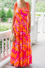 Red Abstract Print Knotted Shoulder High Waist Long Dress Maxi Dresses JT's Designer Fashion