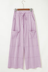 Pink Mineral Wash Exposed Seam Drawstring High Waist Wide Leg Cargo Pants Casual Shorts JT's Designer Fashion