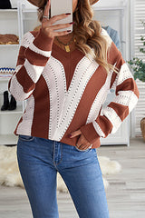 Brown Striped Colorblock V Neck Knitted Sweater Sweaters & Cardigans JT's Designer Fashion