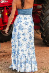 Sky Blue Boho Floral High Waist Ruffle Split Maxi Skirt Skirts & Petticoat JT's Designer Fashion