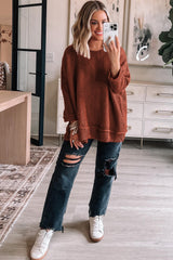 Gold Flame Solid Color Textured Crew Neck Loose Sweater Sweaters JT's Designer Fashion