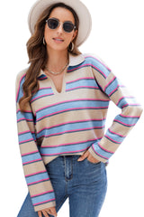 Apricot Stripe Collared V Neck Drop Shoulder Loose Sweater Sweaters JT's Designer Fashion