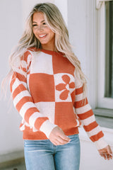 Brown Checkered Floral Print Striped Sleeve Sweater Sweaters JT's Designer Fashion