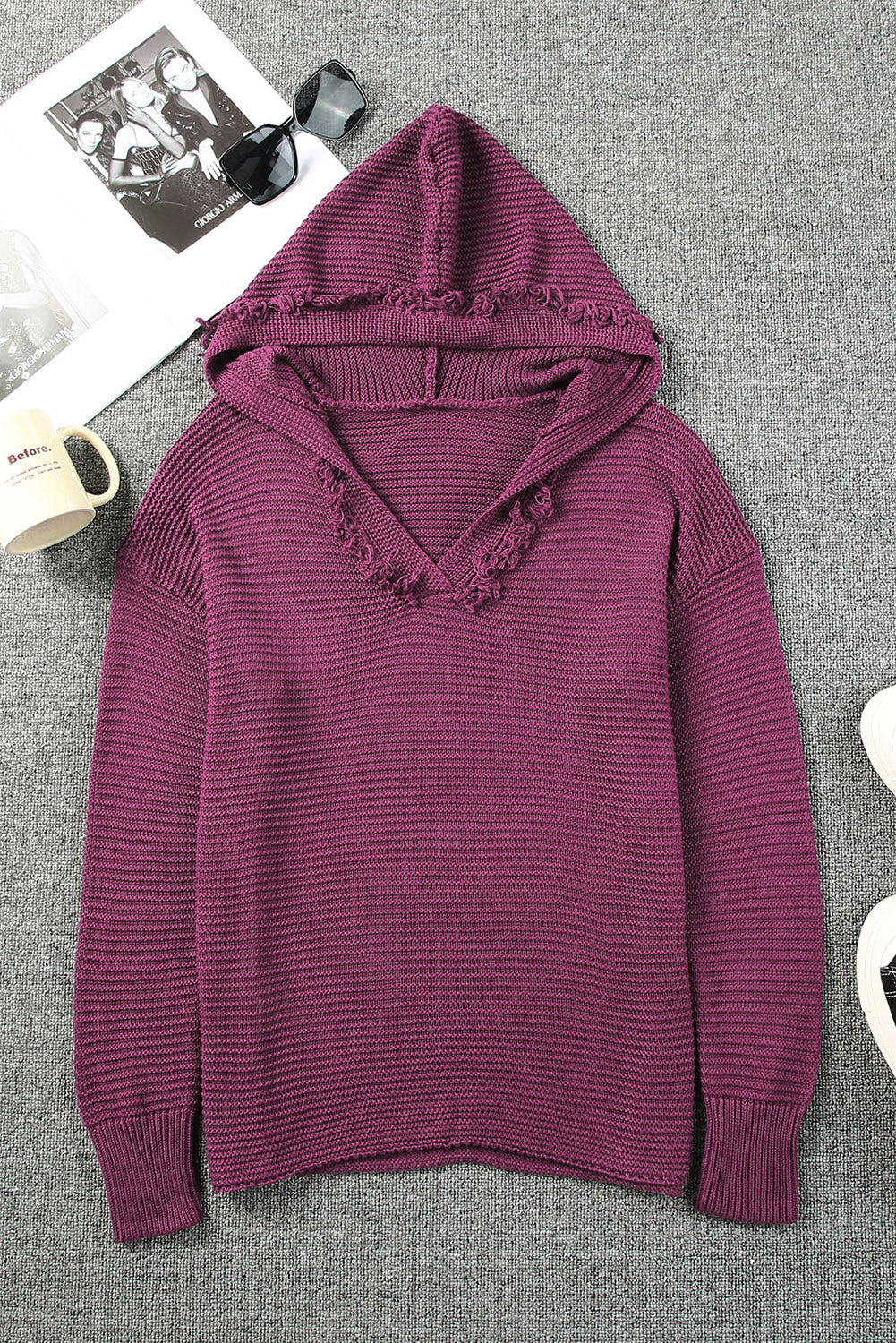 V Neck Ribbed Drop Shoulder Hooded Sweater Sweaters & Cardigans JT's Designer Fashion