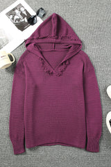V Neck Ribbed Drop Shoulder Hooded Sweater Sweaters & Cardigans JT's Designer Fashion