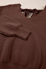 Coffee Lantern Sleeve V Neck Knot Back Sweater Sweaters JT's Designer Fashion