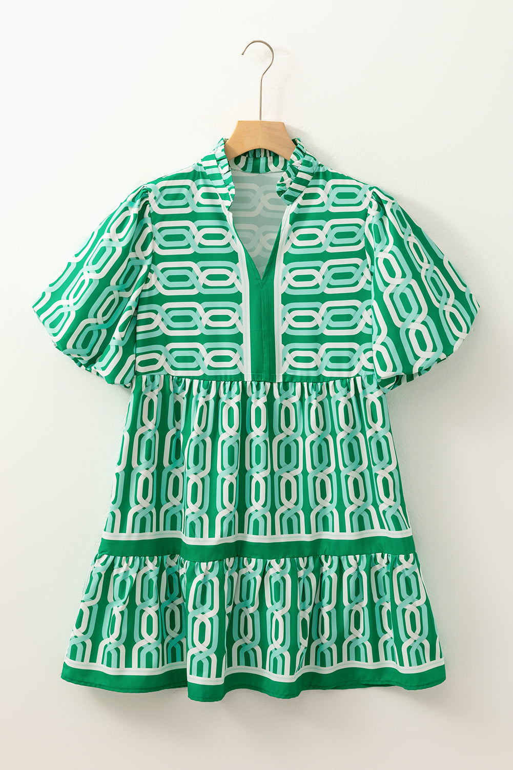 Bright Green Abstract Patterned V Neck Puff Short Sleeve Mini Dress Mini Dresses JT's Designer Fashion