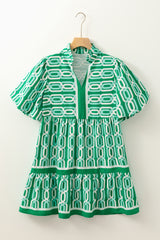 Bright Green Abstract Patterned V Neck Puff Short Sleeve Mini Dress Mini Dresses JT's Designer Fashion