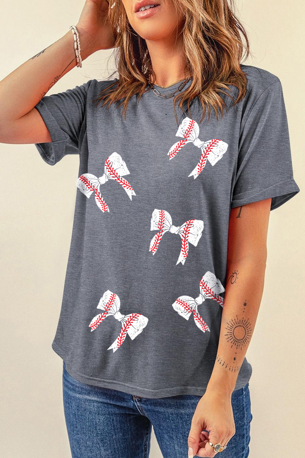 Gray Rugby Bow Knot Print Crewneck Casual T Shirt Graphic Tees JT's Designer Fashion