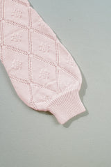 Gossamer Pink Openwork Plaid Puff Sleeve Cropped Sweater Sweaters JT's Designer Fashion