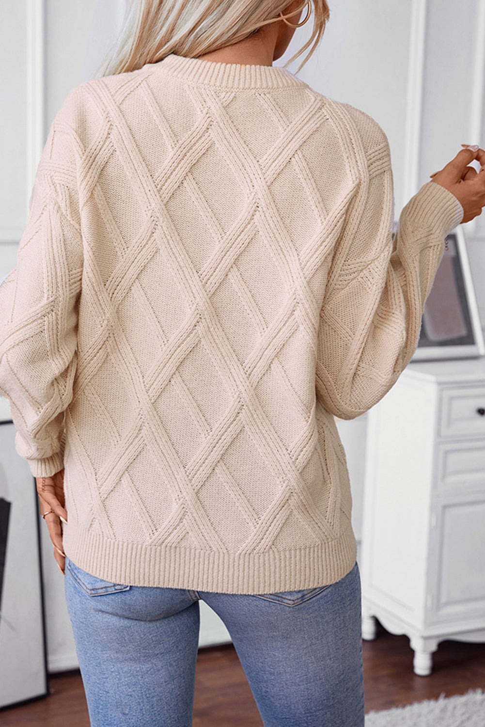 Apricot Diamond Pattern Textured Crew Neck Sweater Sweaters JT's Designer Fashion