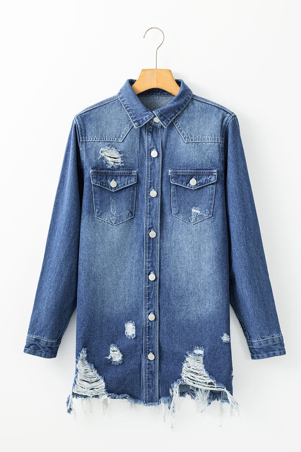 Sky Blue Light Wash Distressed Frayed Long Denim Jacket Denim Jackets JT's Designer Fashion