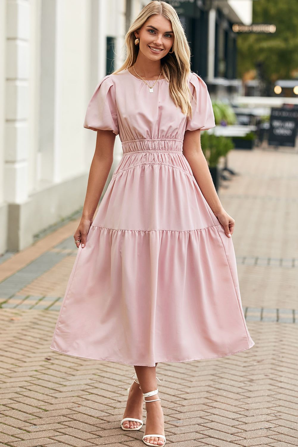 Pink Puff Sleeve Pleated High Waist Flowy Long Dress Maxi Dresses JT's Designer Fashion