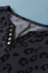 Gray Leopard Print Button Split Neck Waffle Sweatshirt Sweatshirts & Hoodies JT's Designer Fashion