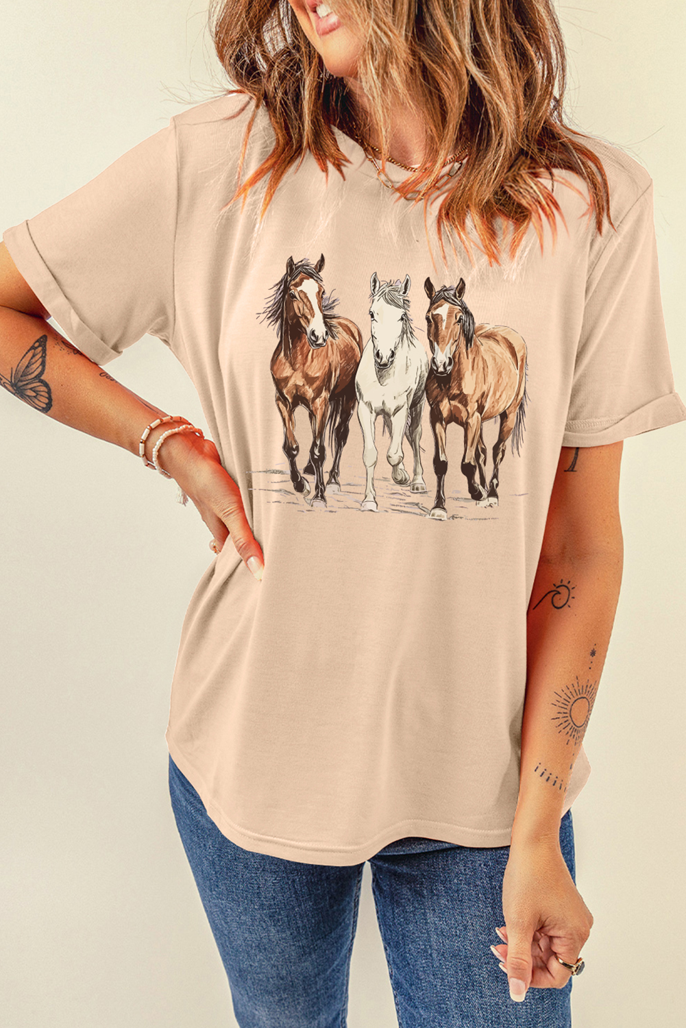 Khaki Gallant Horses Printed Casual T Shirt Graphic Tees JT's Designer Fashion