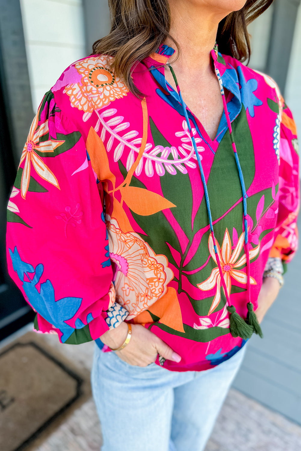 Rose Blooming Flower Print Ruffled Puff Sleeve Blouse Blouses & Shirts JT's Designer Fashion