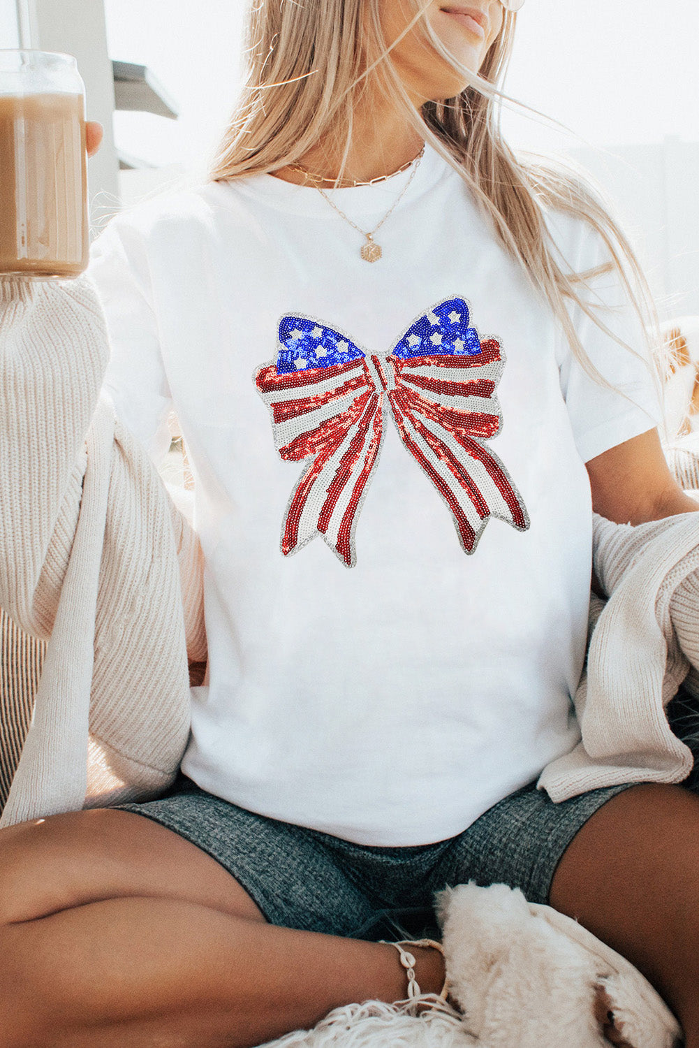White USA Flag Bow Knot Patched Crew Neck T Shirt Graphic Tees JT's Designer Fashion