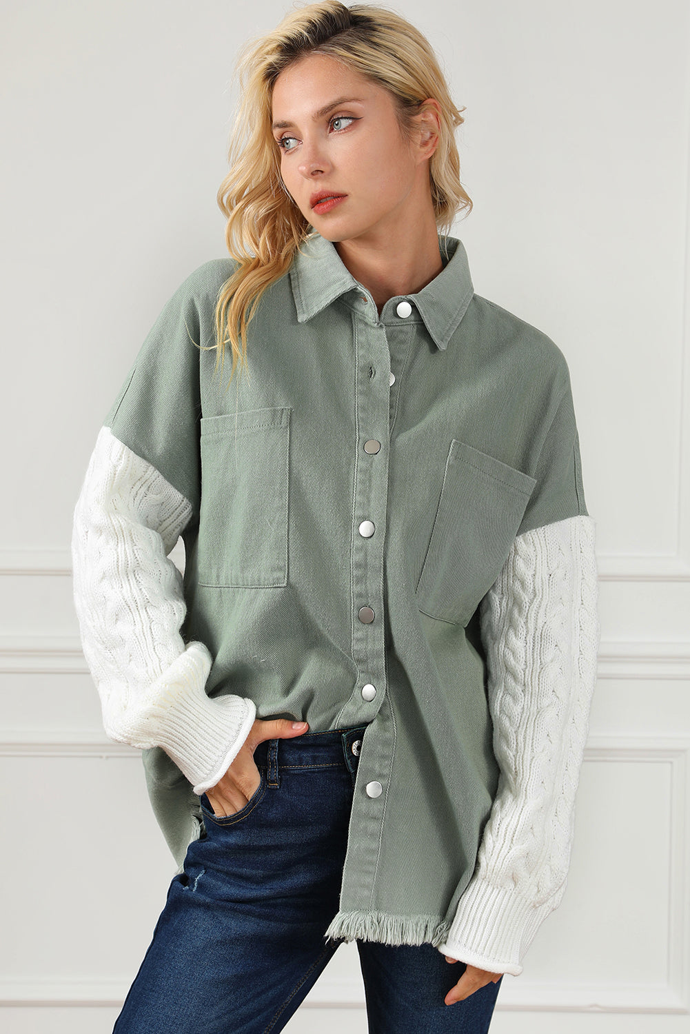 Green Cable Knit Sleeve Raw Hem Shacket Jackets JT's Designer Fashion